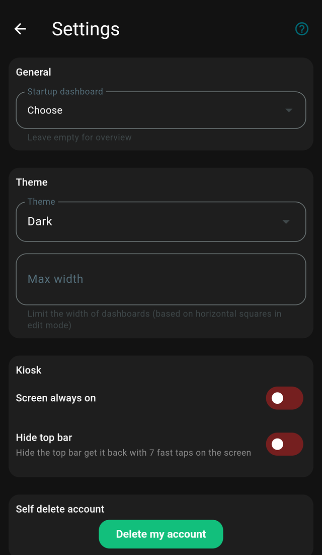 The Settings screen, showing the General, Theme and Kiosk sections