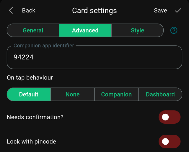 The Advanced tab, showing on-tap behaviour, confirmation and PIN options