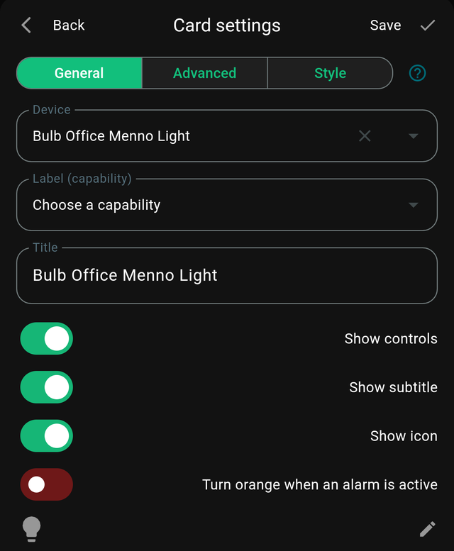 The General tab of card settings for a Device card