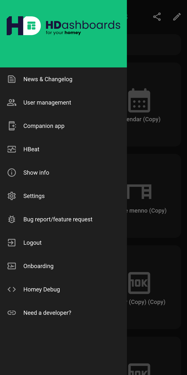 The side menu, listing News, User management, Companion app, HBeat, Settings and more