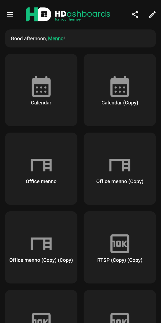 The overview screen listing several dashboards