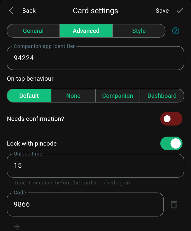 The Advanced tab with Lock with pincode switched on, showing the unlock time and code fields