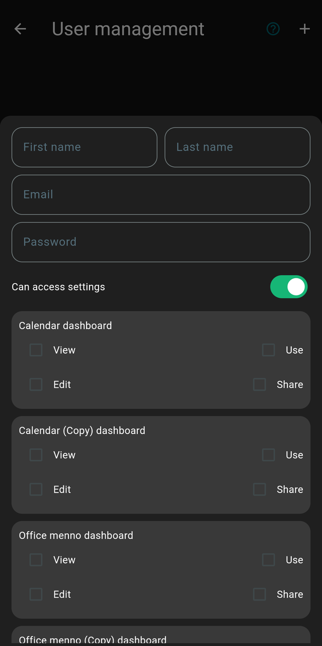 Adding a user, showing the name, email and password fields and the per-dashboard permissions