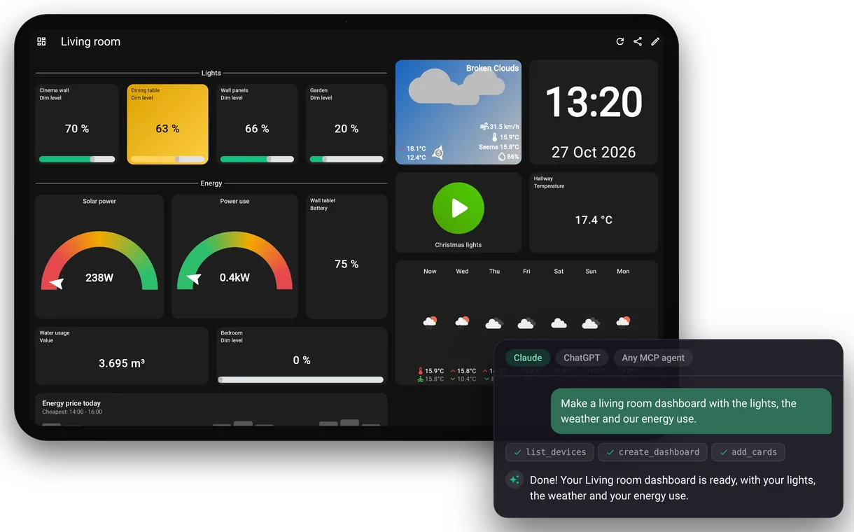 An AI assistant building the Living room dashboard