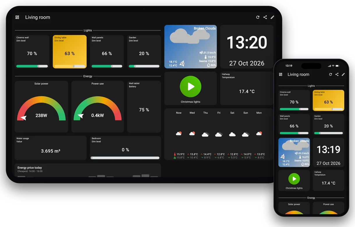 The HDashboards Living room dashboard on a tablet and a phone