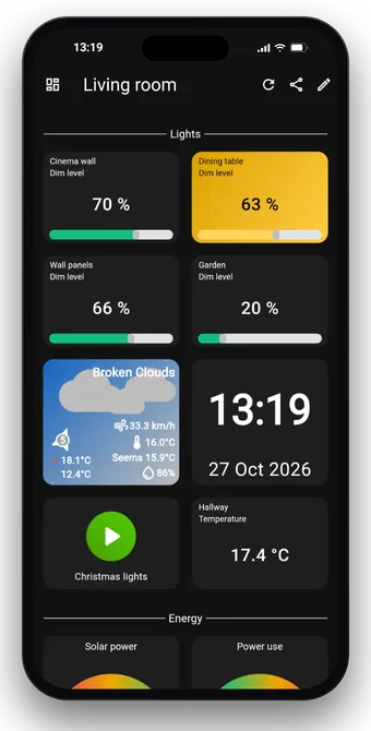 The HDashboards Living room dashboard on a phone