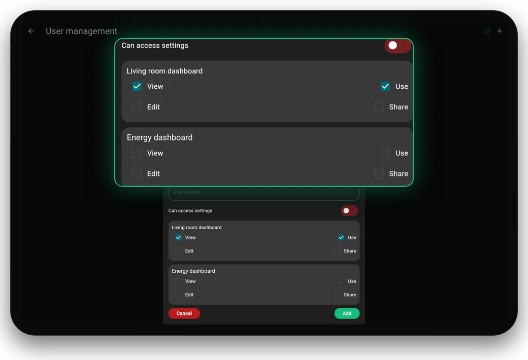 Setting a user's permissions per dashboard